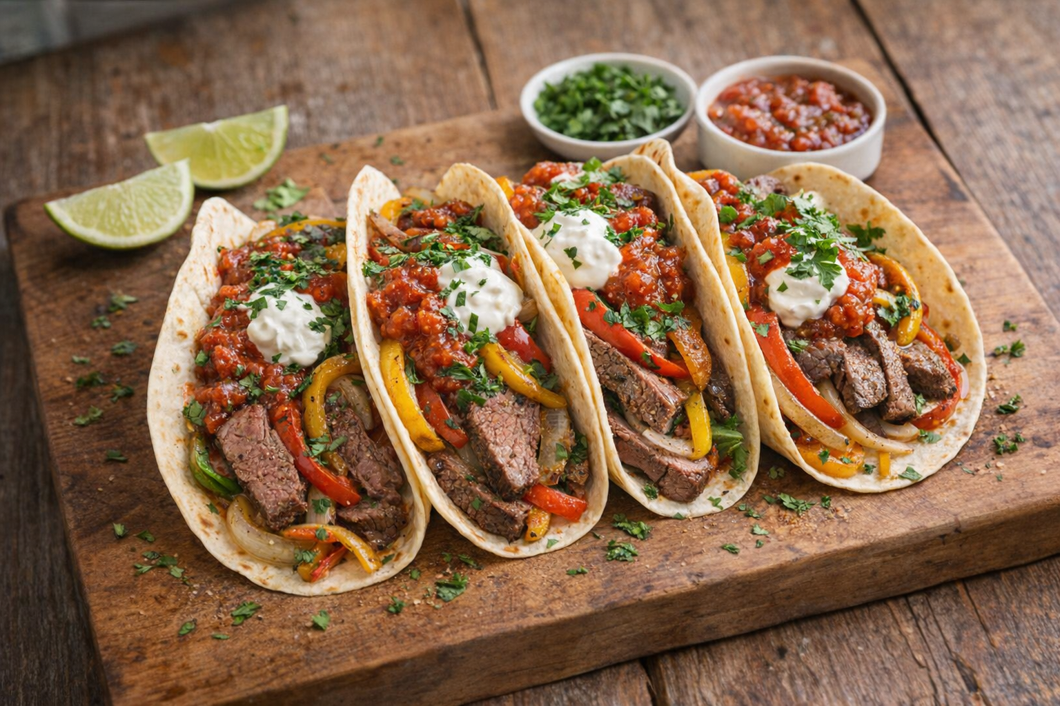 A top-down shot of perfectly assembled beef fajitas on a wooden board, tortillas overflowing with tender steak, sauteed peppers and onions, and colorful toppings like sour cream, salsa, and cilantro. The board is set against a rustic wooden table.